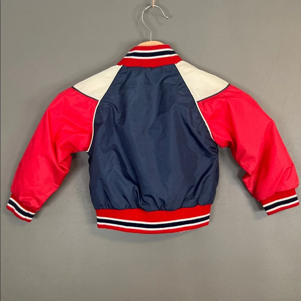 Vintage Kids Varsity Bomber Jacket Red White Blue Nylon Snap Front 70s-80s